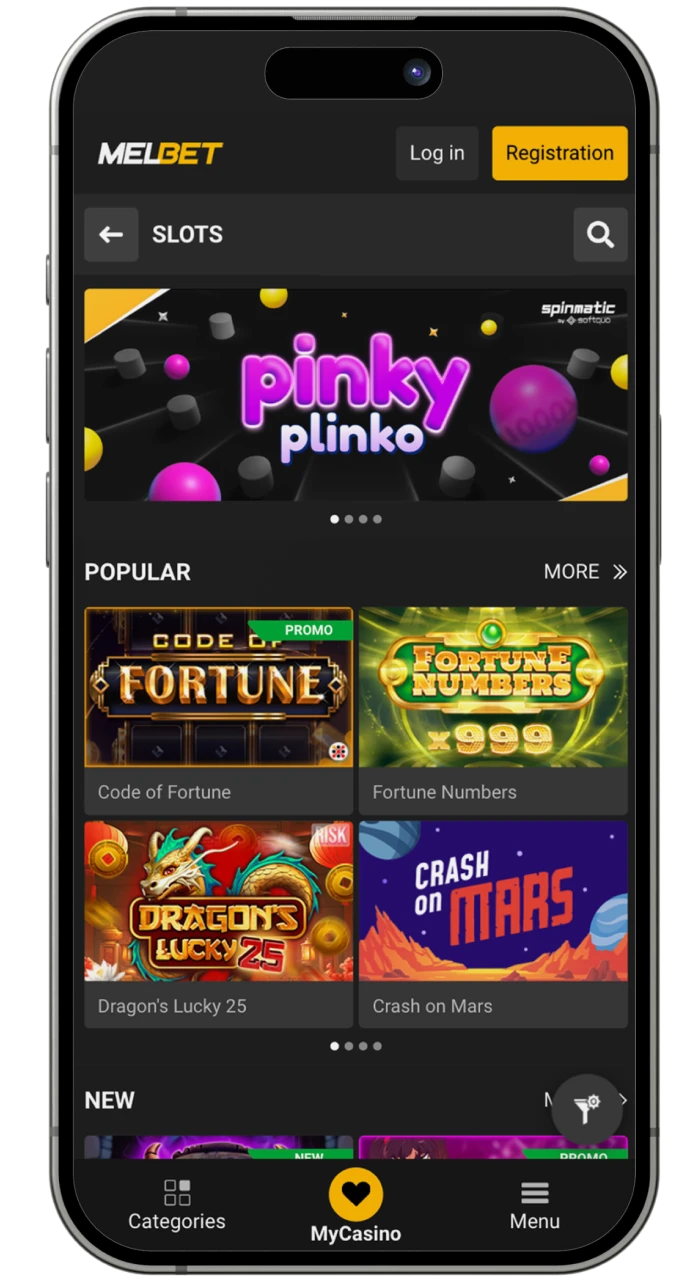 Casino games section in the Melbet online casino application.