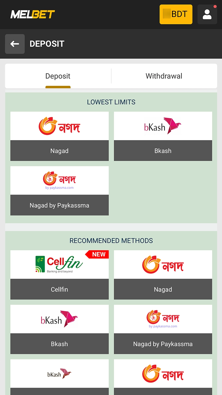 Choose a method for your first Melbet deposit.