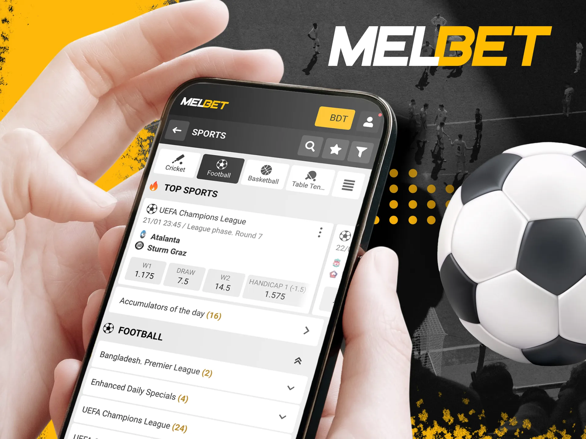 Watch the Melbet live football broadcasts and make in-play bets on the official website.